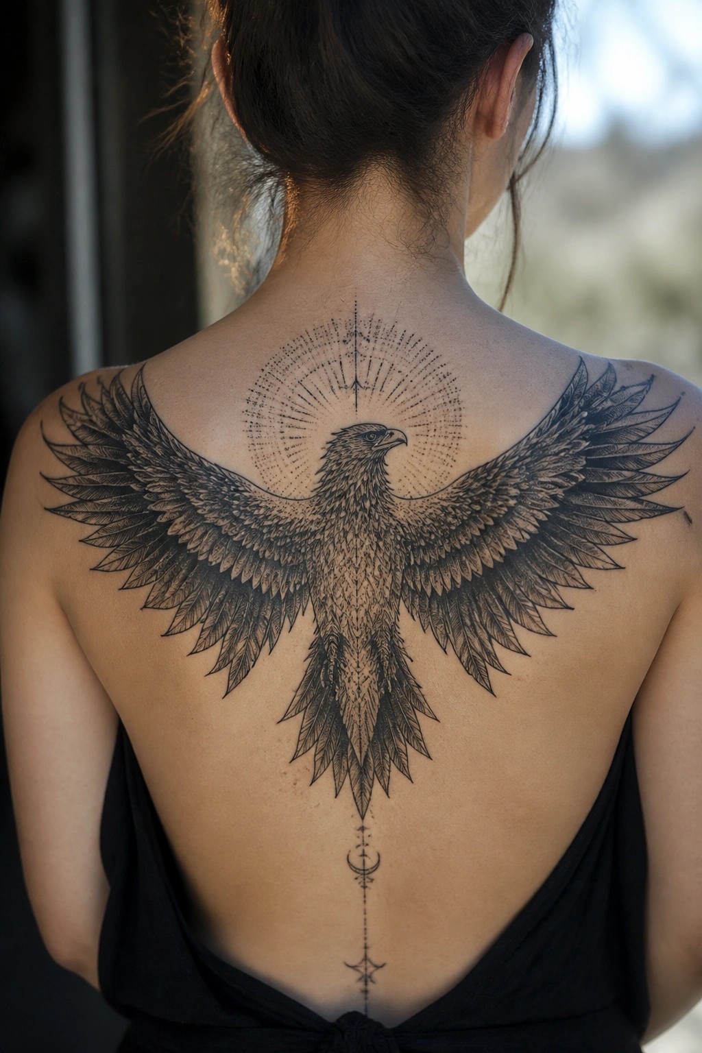 Large black and grey eagle tattoo centered on a woman's upper back with wings spread across the shoulders and a line of symbols extending down the spine.