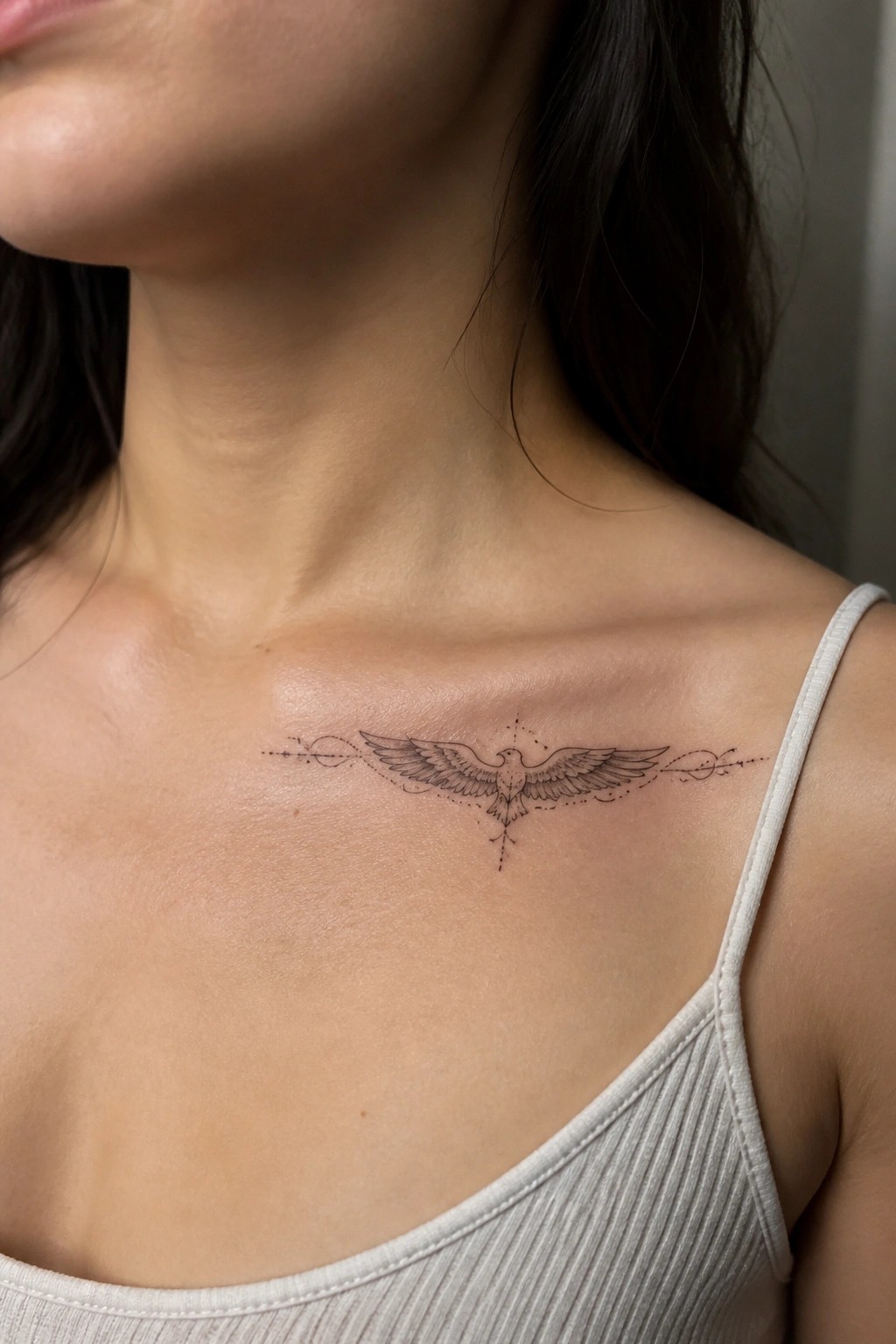 Woman's collarbone with winged bird tattoo above white tank top straps