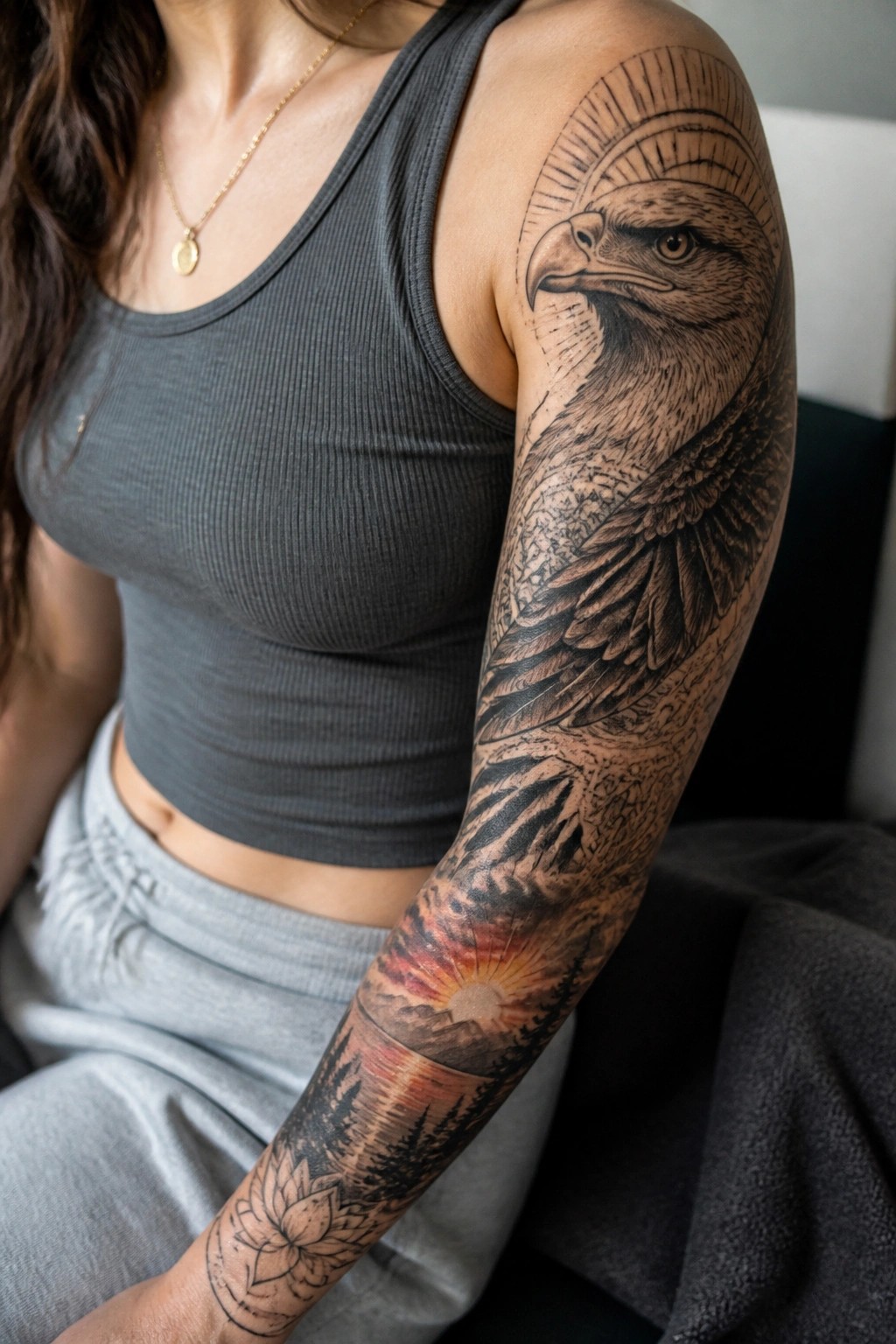 Woman's arm with eagle tattoo over sunset mountains and lotus flower wrist design