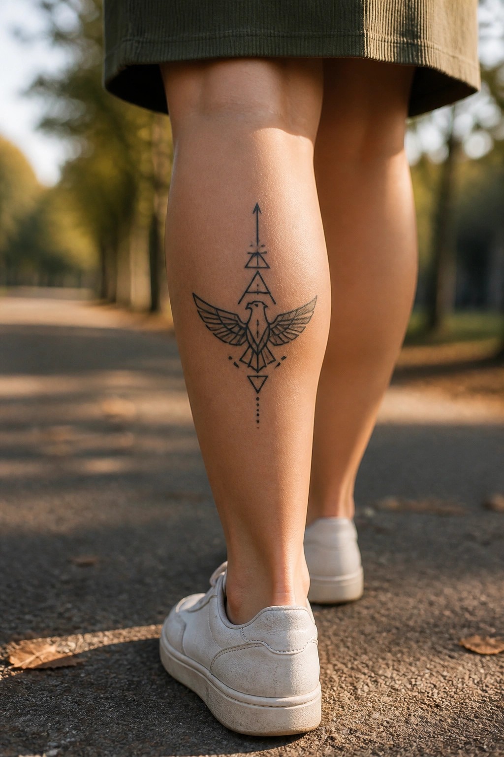 Leg with bird and geometric tattoo above white sneaker on sunny park path