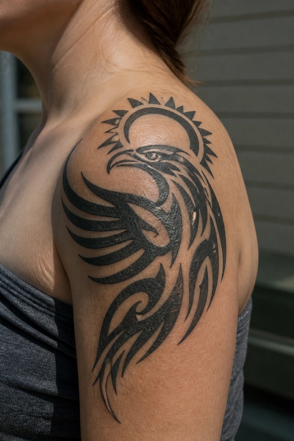 Black tribal eagle tattoo on a woman's shoulder with a sun and crescent moon above the head