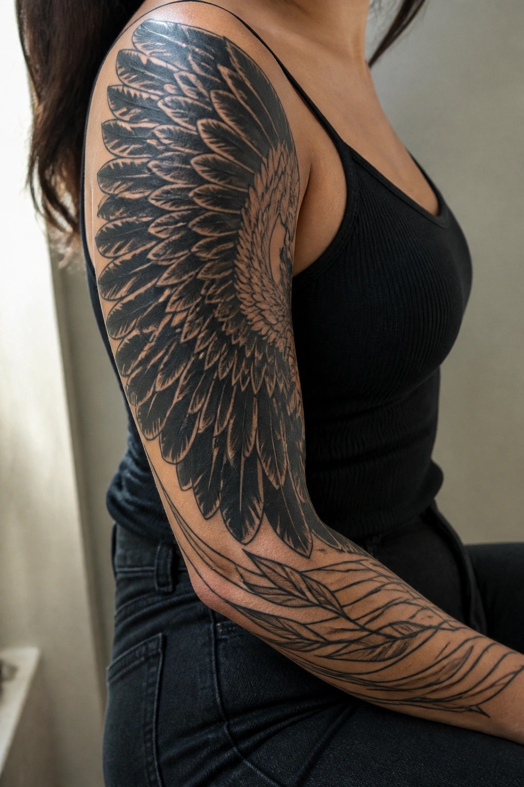 Woman in black tank top with large wing tattoo on shoulder and forearm feathers.
