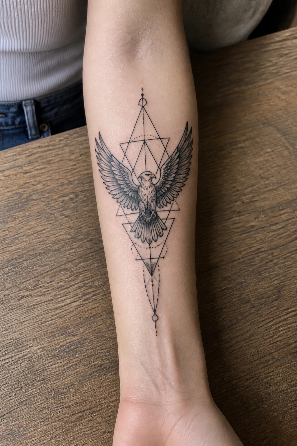 Geometric black-and-grey eagle tattoo with triangles on inner forearm