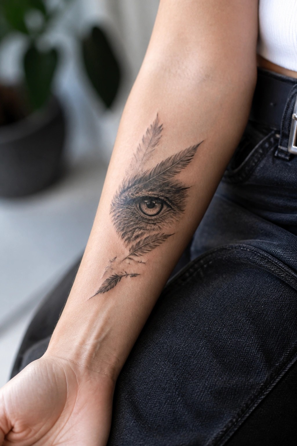 Realistic black and grey tattoo of an eye surrounded by feathers on the inner forearm