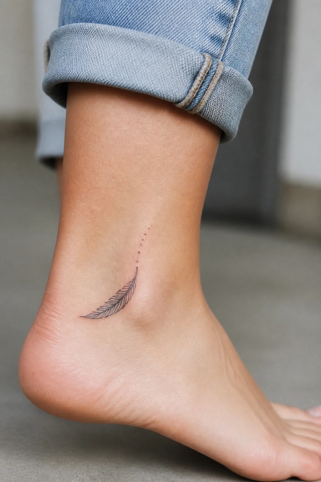 Rolled-up blue jeans above feather tattoo on bare ankle.