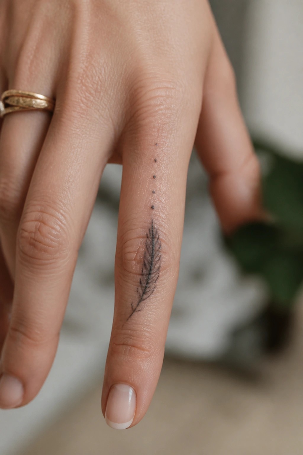 Small fine line feather tattoo with dots running vertically on the side of a finger next to a gold ring