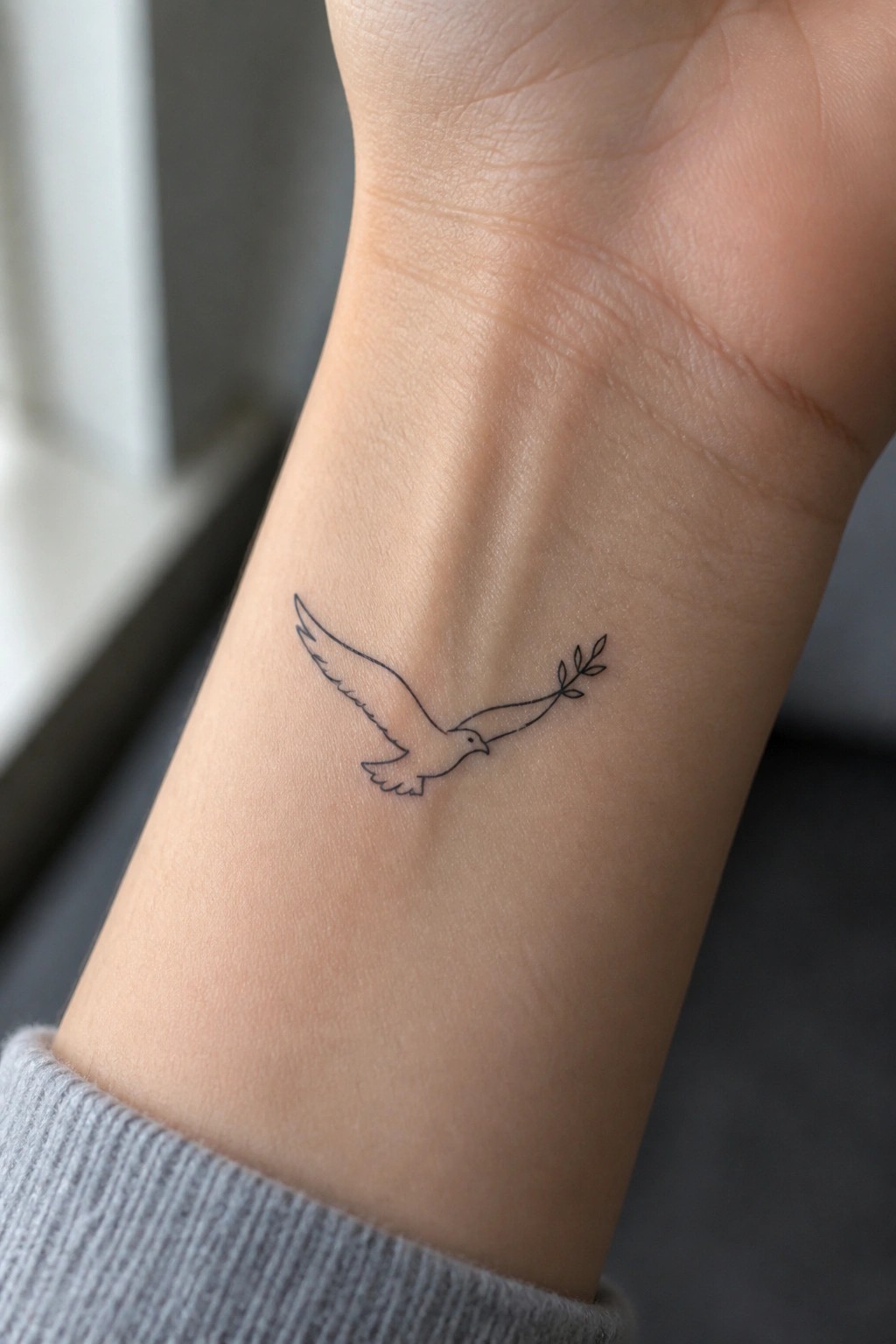 Small fine line tattoo of a flying bird holding a branch on the inner wrist.