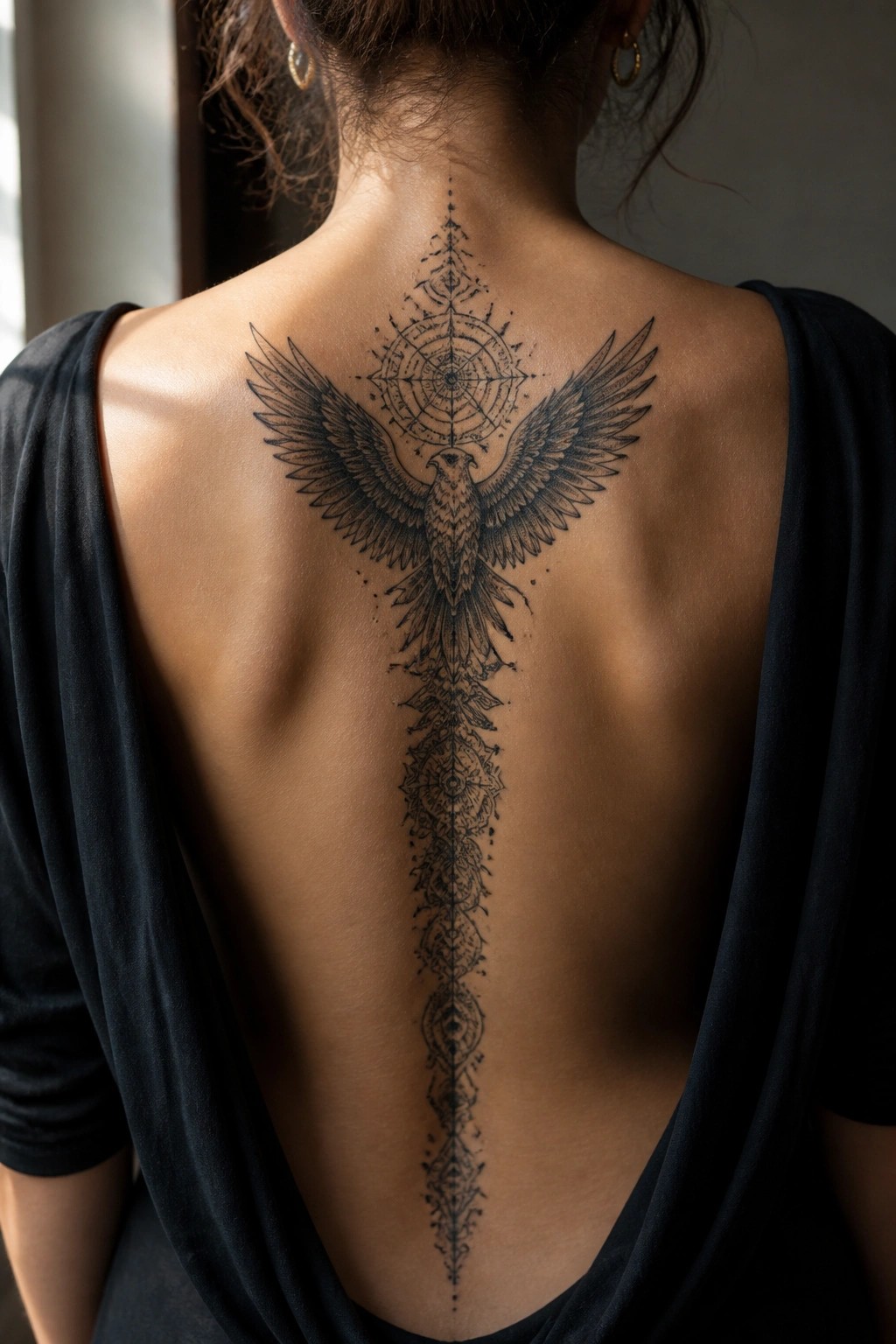 Woman's back showing a vertical blackwork tattoo with an eagle, compass, and descending mandala patterns along the spine.