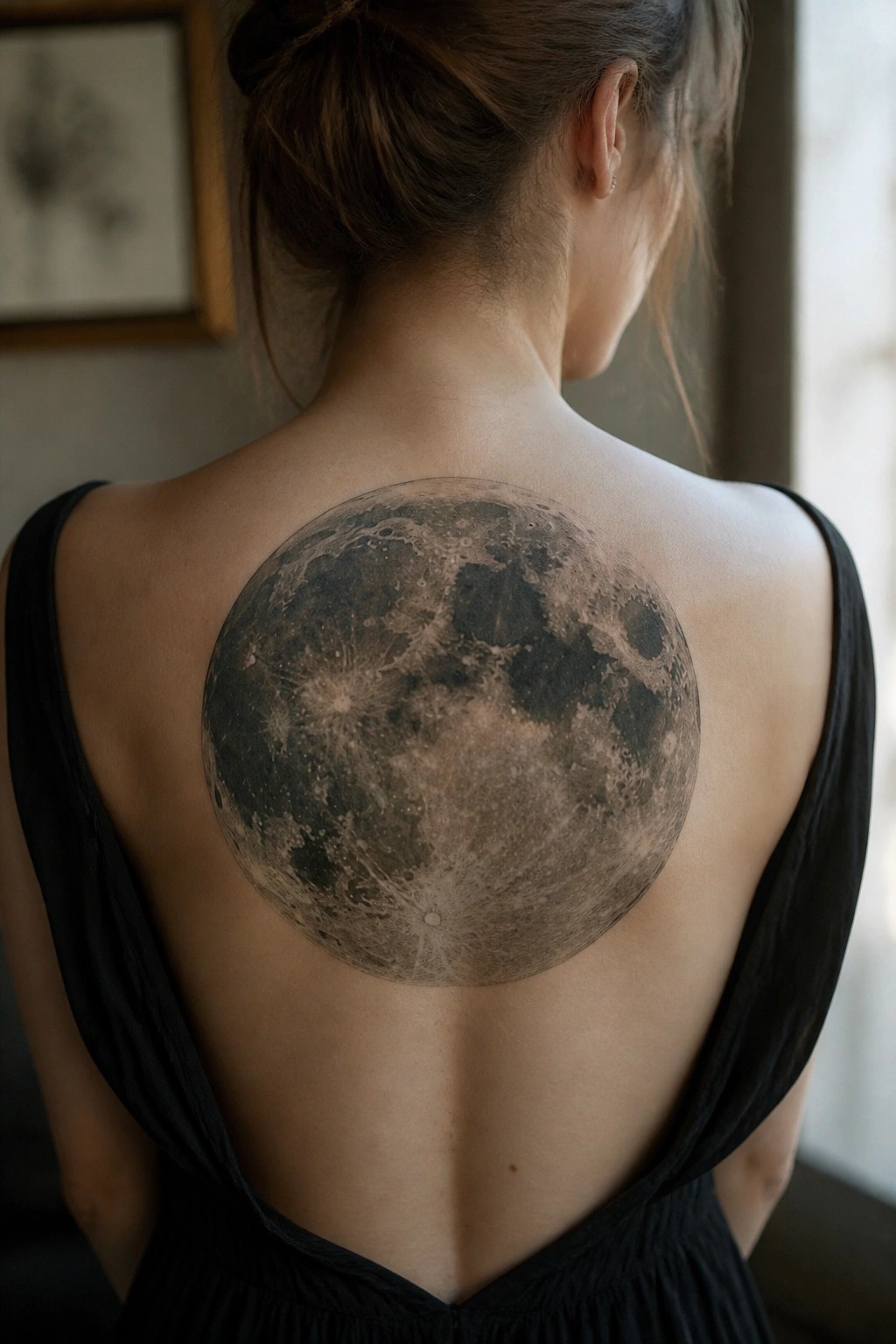 Woman's back with large realistic moon tattoo, black backless dress, hair in bun.
