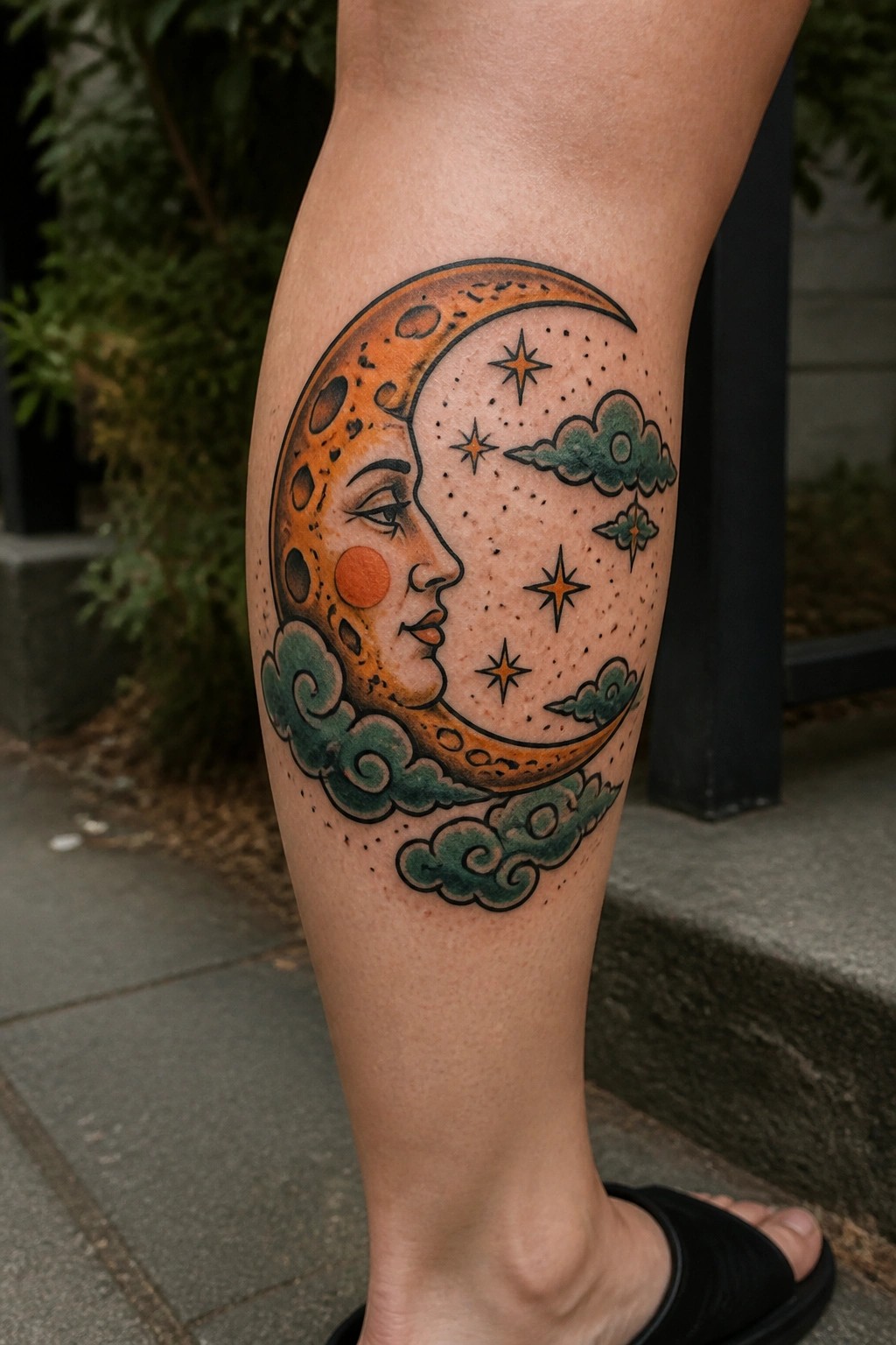 Orange crescent moon face tattoo with stars and green clouds on leg