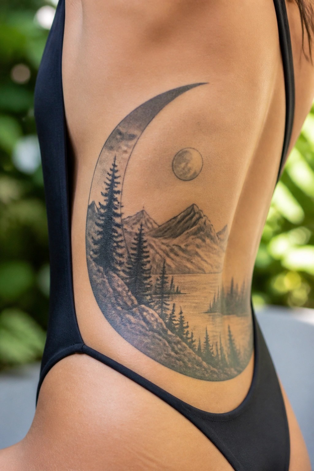 Black swimsuit with large crescent moon landscape tattoo on back.