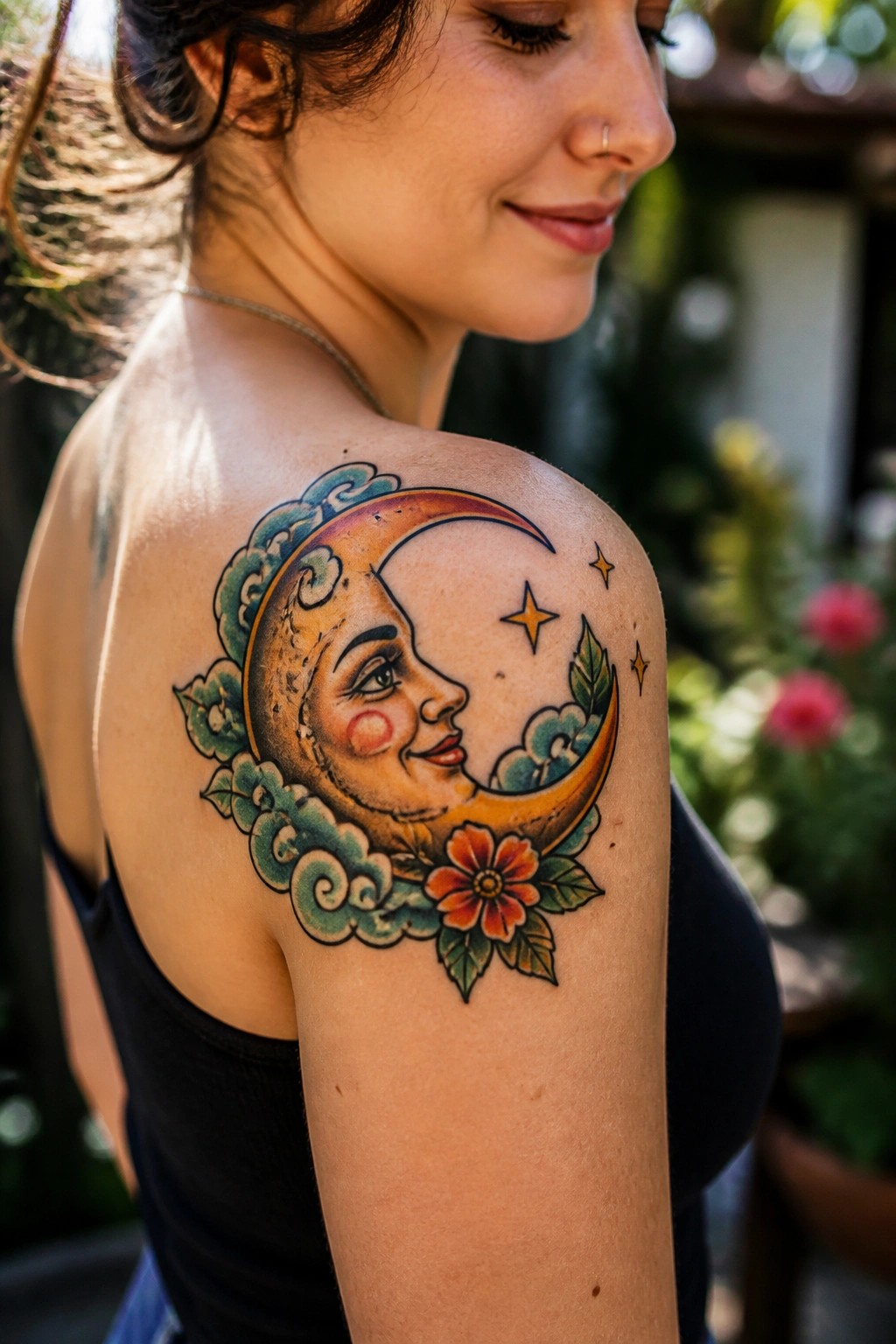 Woman's shoulder with vibrant crescent moon face tattoo, clouds, flower, black top