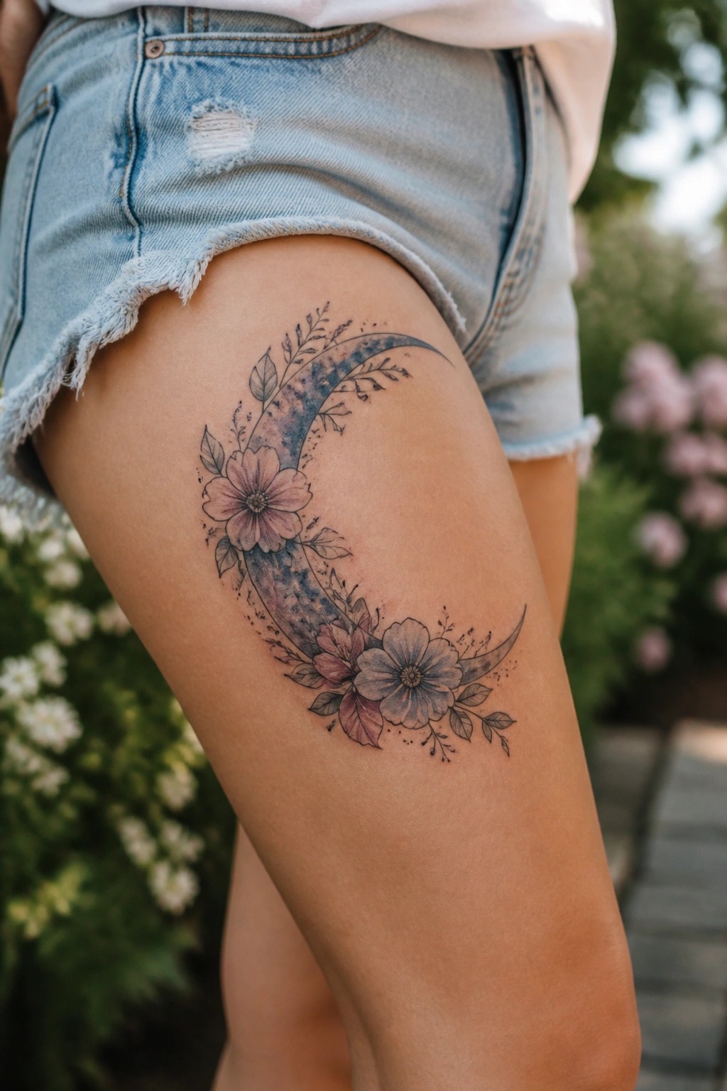 Watercolor crescent moon tattoo with flowers on a woman's upper thigh under denim shorts