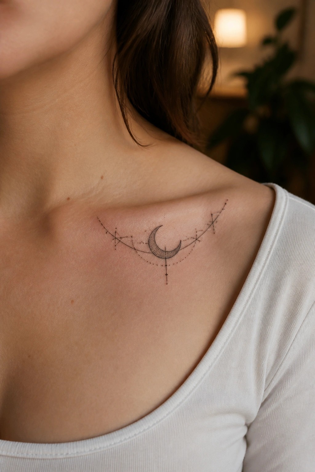 Fine line crescent moon tattoo with constellation lines and dots on a woman's upper chest near the collarbone