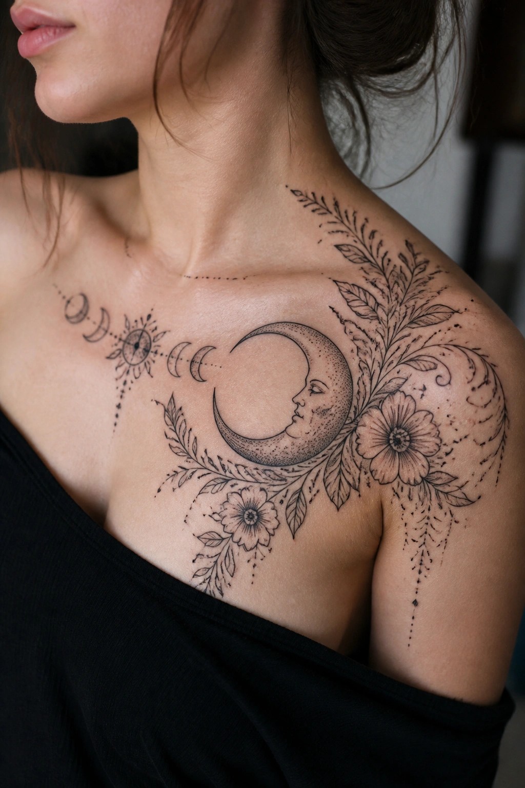 Black and grey tattoo of a crescent moon with a face, flowers, leaves, and moon phases across a woman's upper chest and shoulder.
