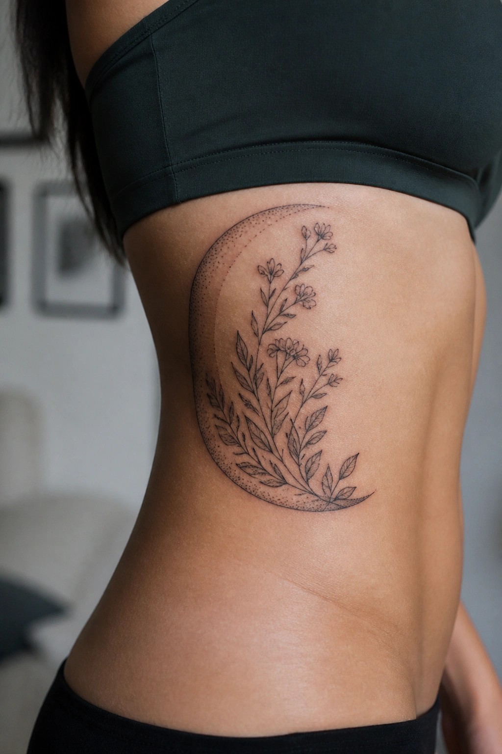 Crescent moon floral tattoo on ribcage beneath dark green crop top