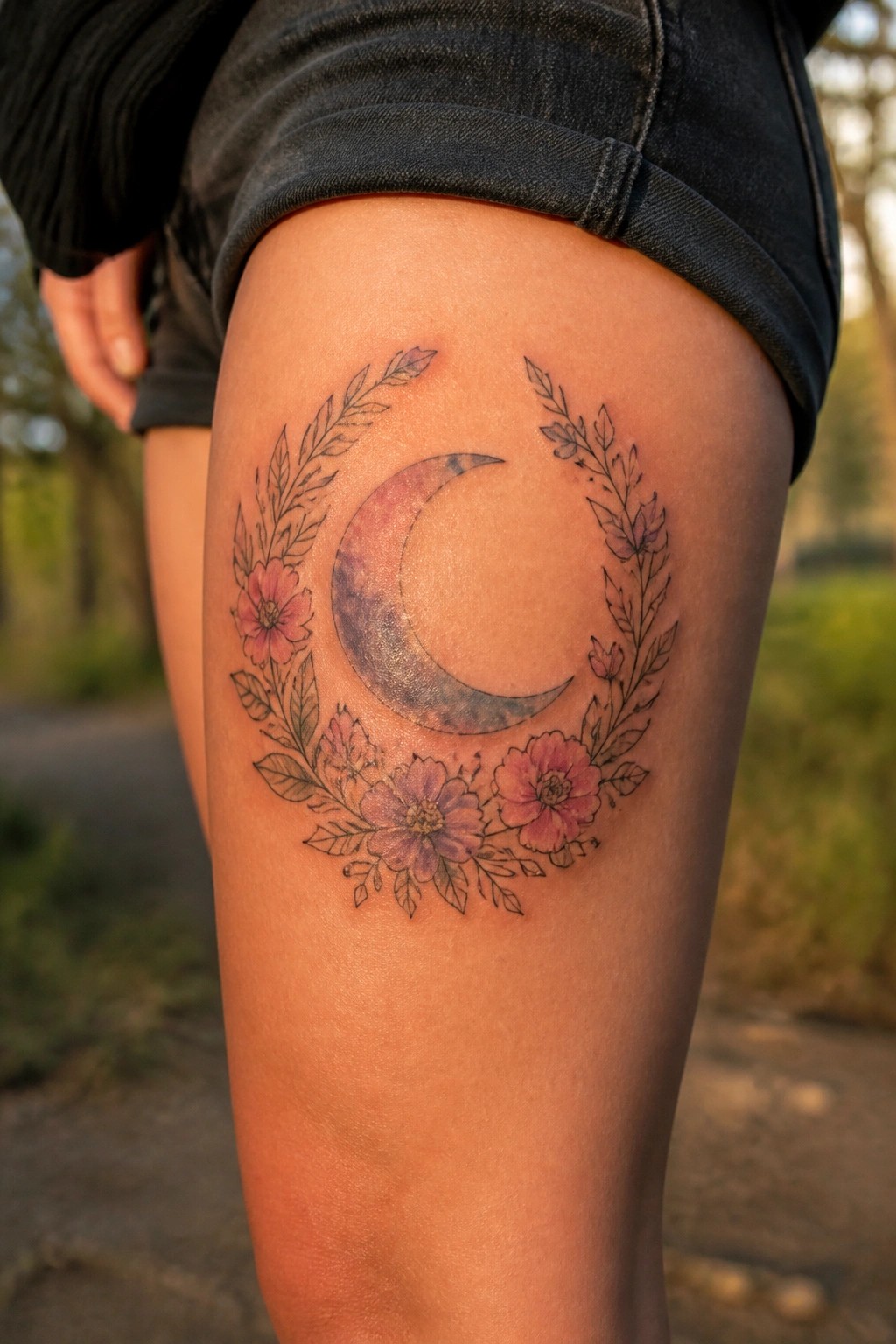 Crescent moon floral tattoo on thigh beneath black denim shorts