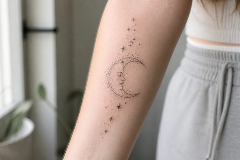 Crescent moon with face profile and dotted star line tattoo on forearm