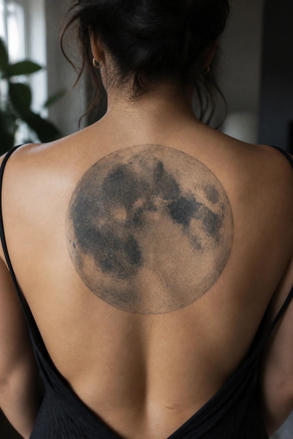 Woman's back with large detailed moon tattoo in black strappy top