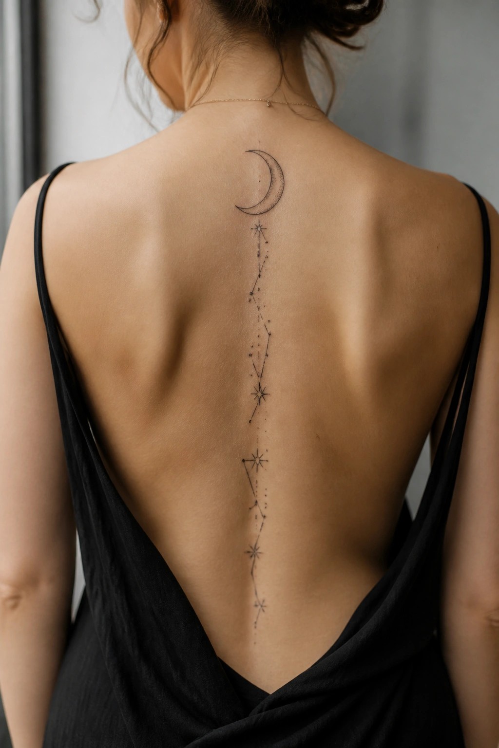 Woman's back in black dress with crescent moon and constellation spine tattoo