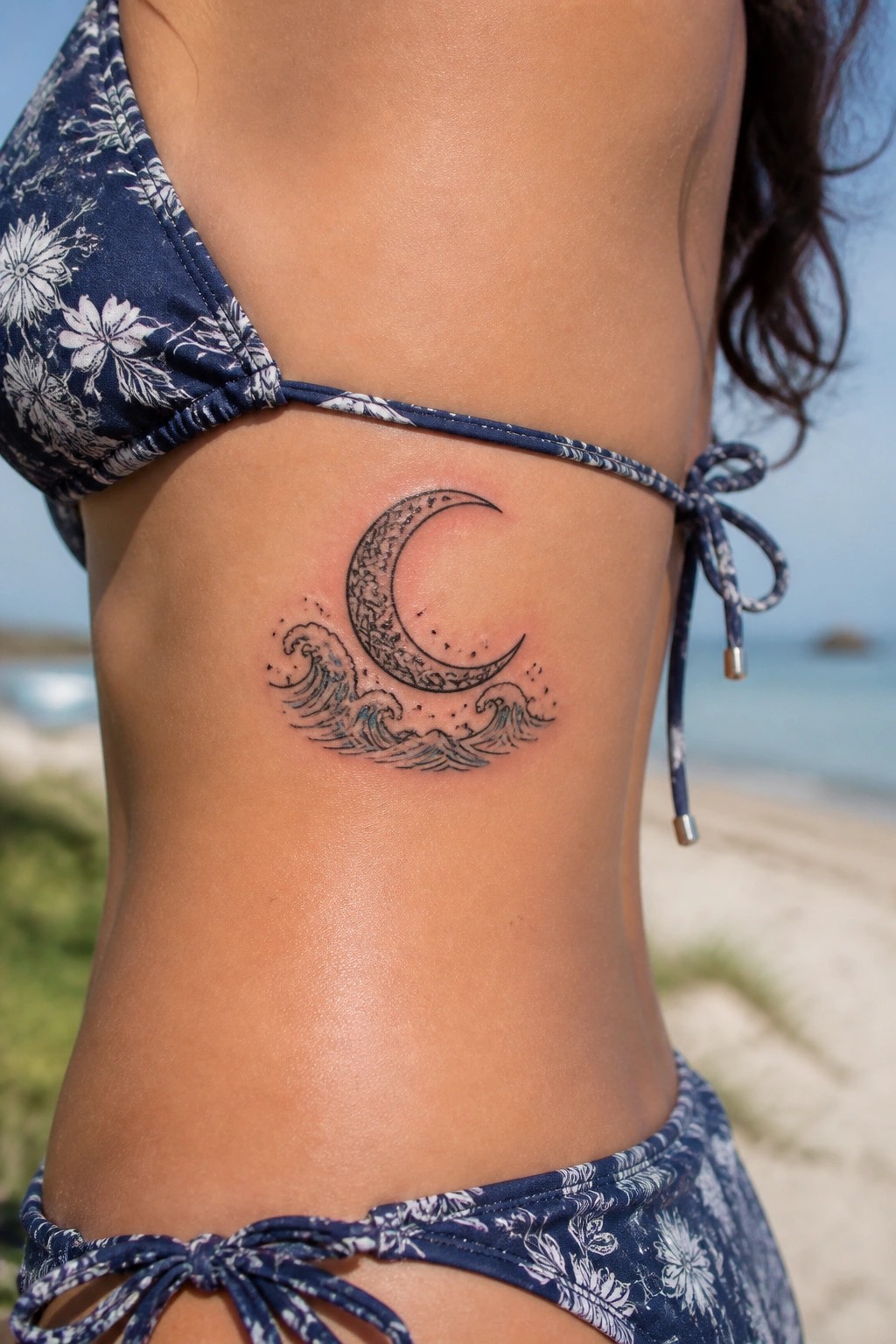 Fine line crescent moon with waves tattooed on the side of a woman's torso in a beach setting