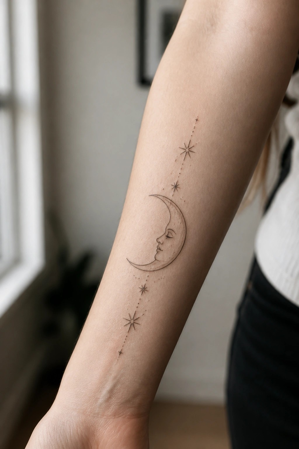 Crescent moon with face profile and dotted star line tattoo on forearm