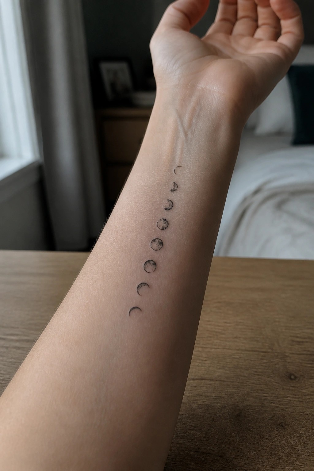 Arm with vertical moon phase tattoo on inner forearm in bedroom setting.