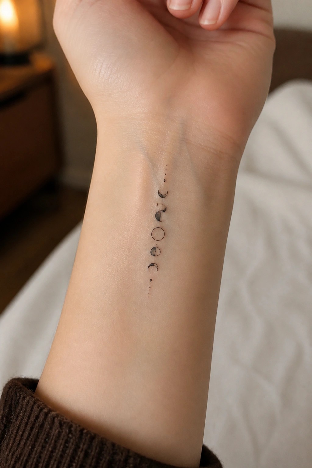Minimalist vertical moon phases tattoo on the inner wrist showing the full lunar cycle in a thin line style