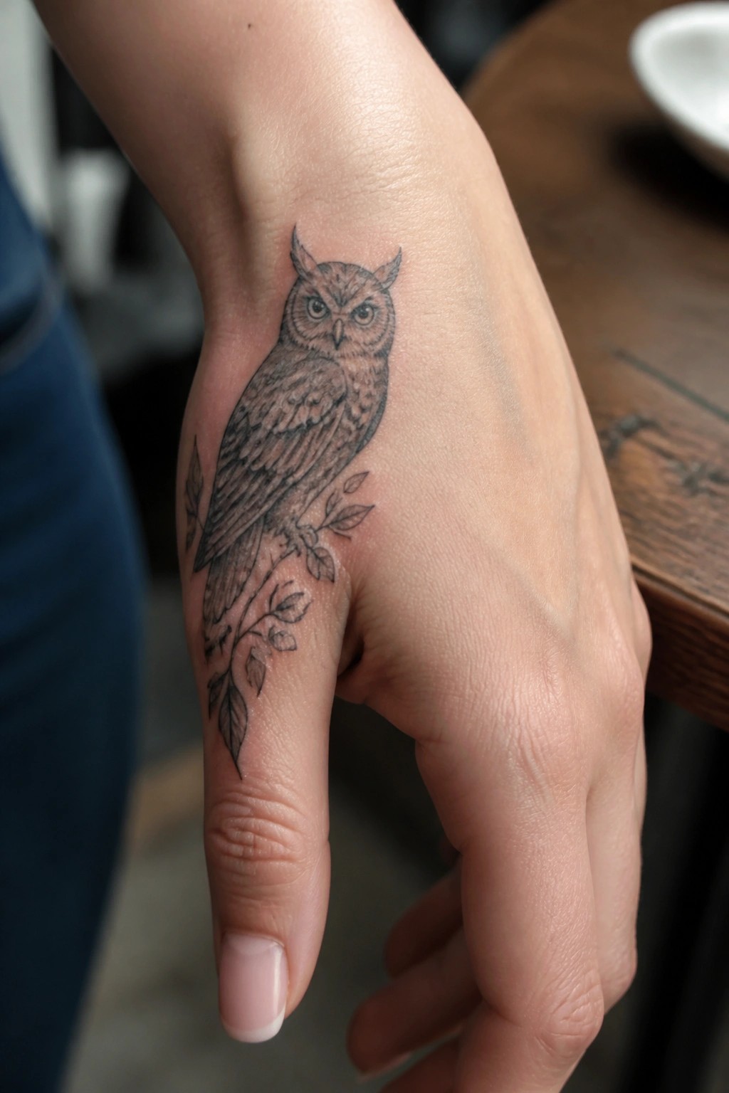 Black and grey owl tattoo on the side of a hand with a leafy branch extending down toward the thumb