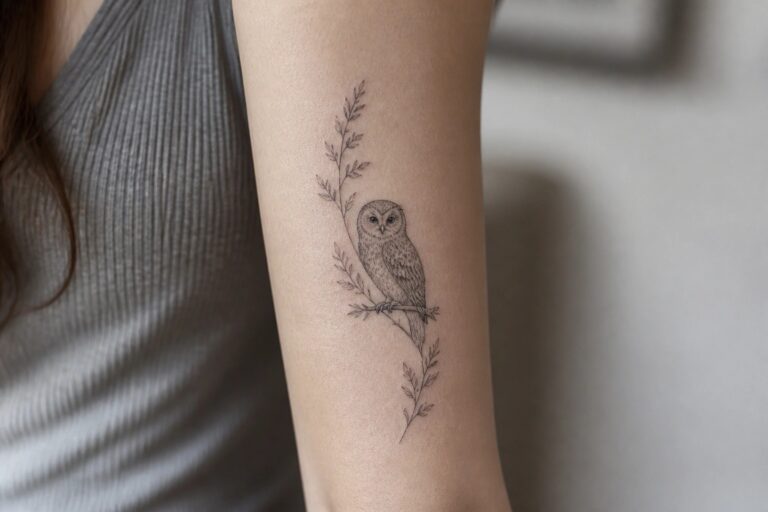 20 Black and Grey Owl Tattoo Ideas for Women With Classic Depth Black and grey owl tattoo on the inner forearm with a vertical branch and small leaves