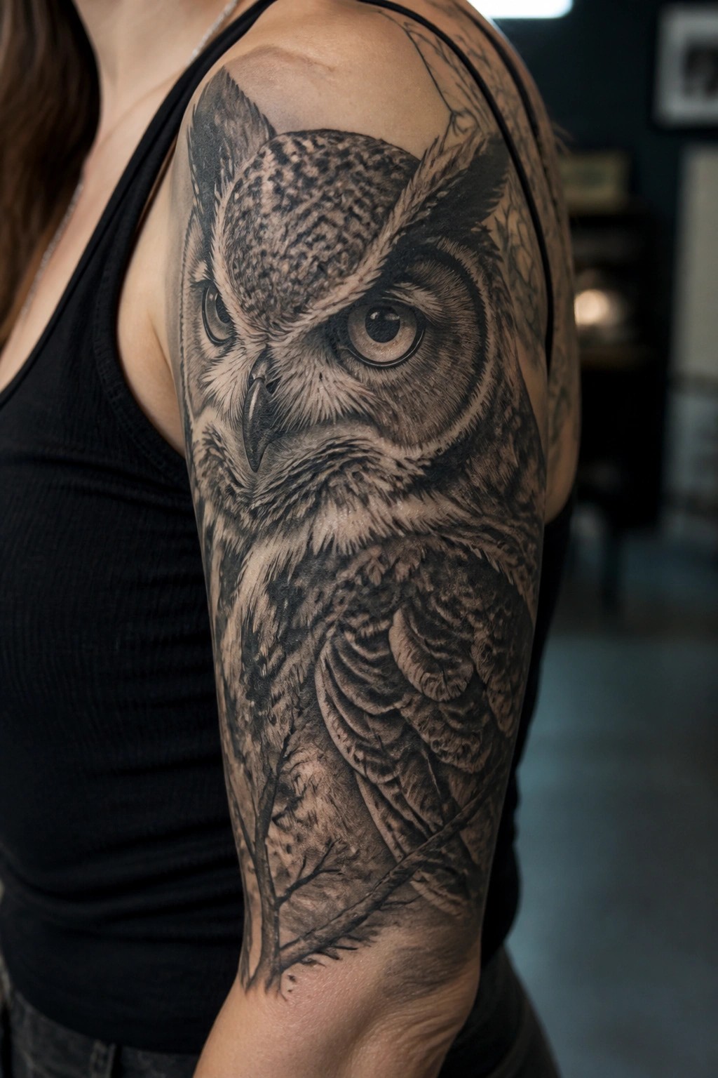 Black and grey realistic owl tattoo covering a woman's upper arm and shoulder with detailed feathers and subtle branches at the bottom.
