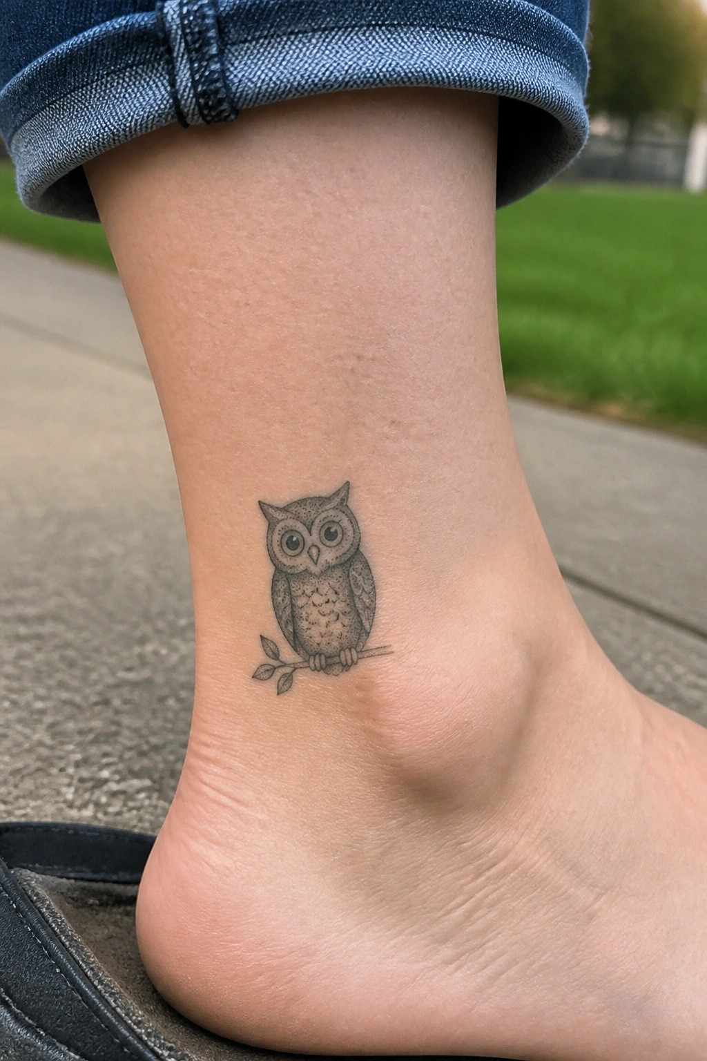 Owl tattoo on ankle below rolled blue jeans and black sandal