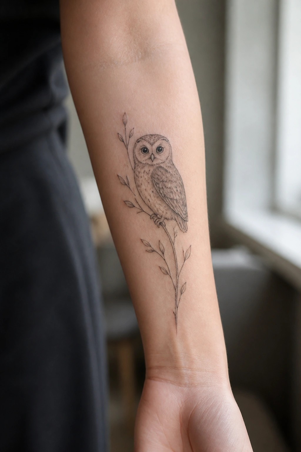 Black and grey owl tattoo on the inner forearm with a vertical branch and small leaves