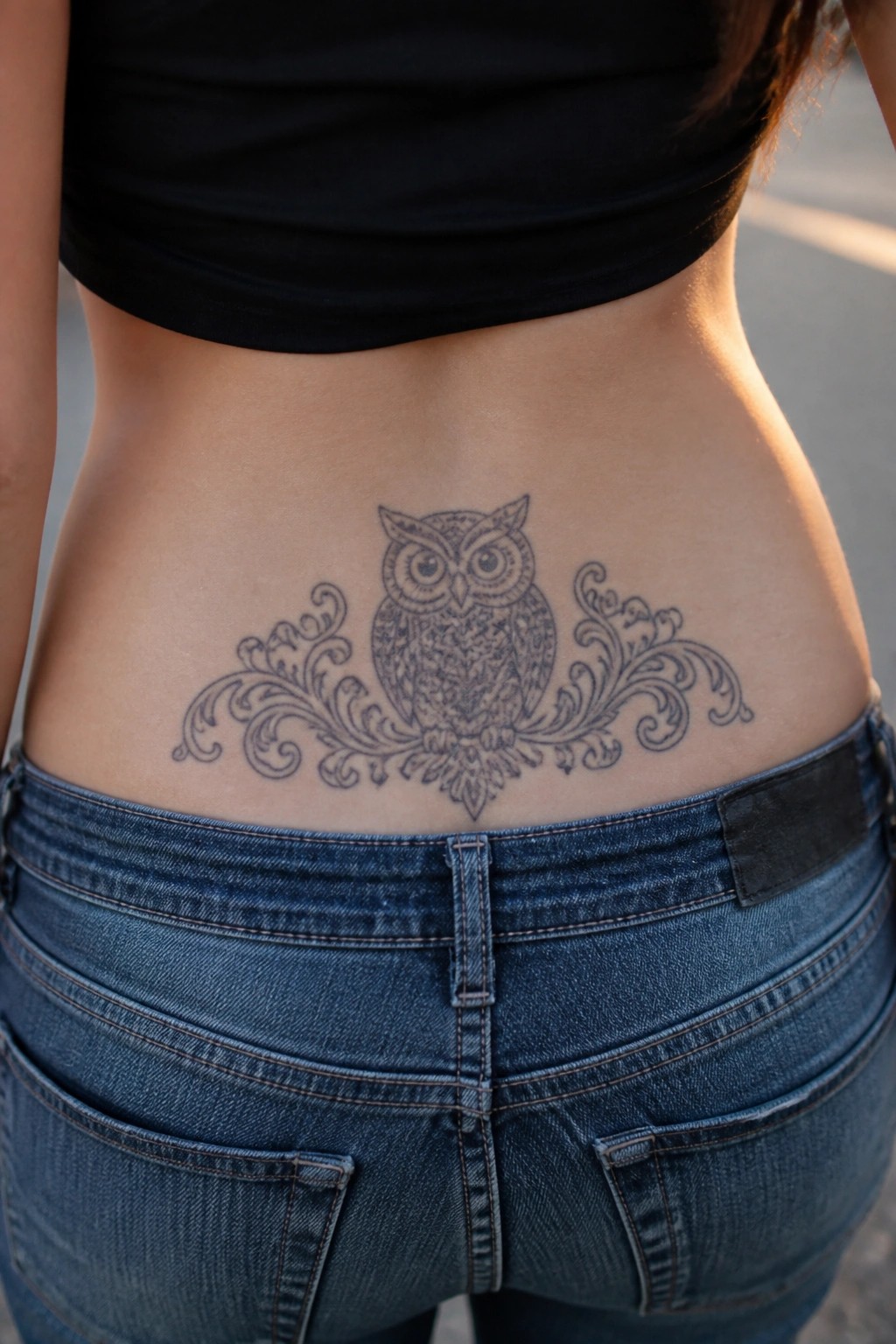 Black and grey owl tattoo with ornate side flourishes on a woman's lower back above the waistband