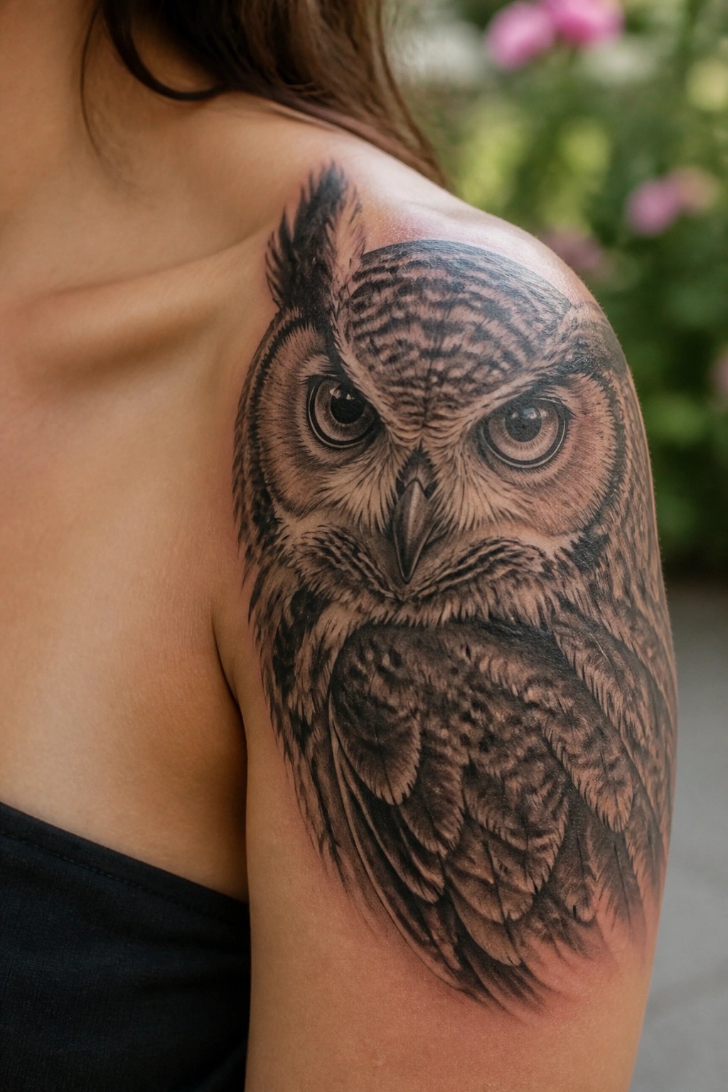 Realistic black-and-gray owl tattoo on a woman's bare shoulder.