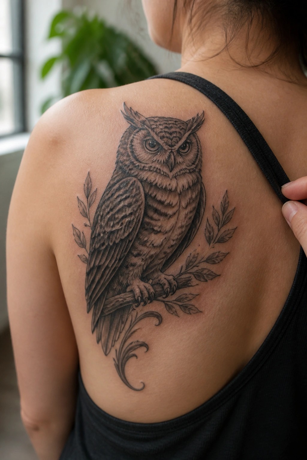 Detailed black-gray owl tattoo with branch and leaves on shoulder over black tank top