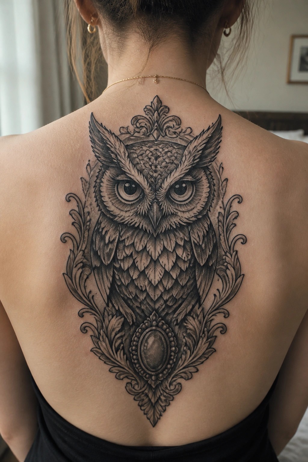 Black and grey owl tattoo on a woman's upper back with ornate decorative flourishes and a large symmetrical layout