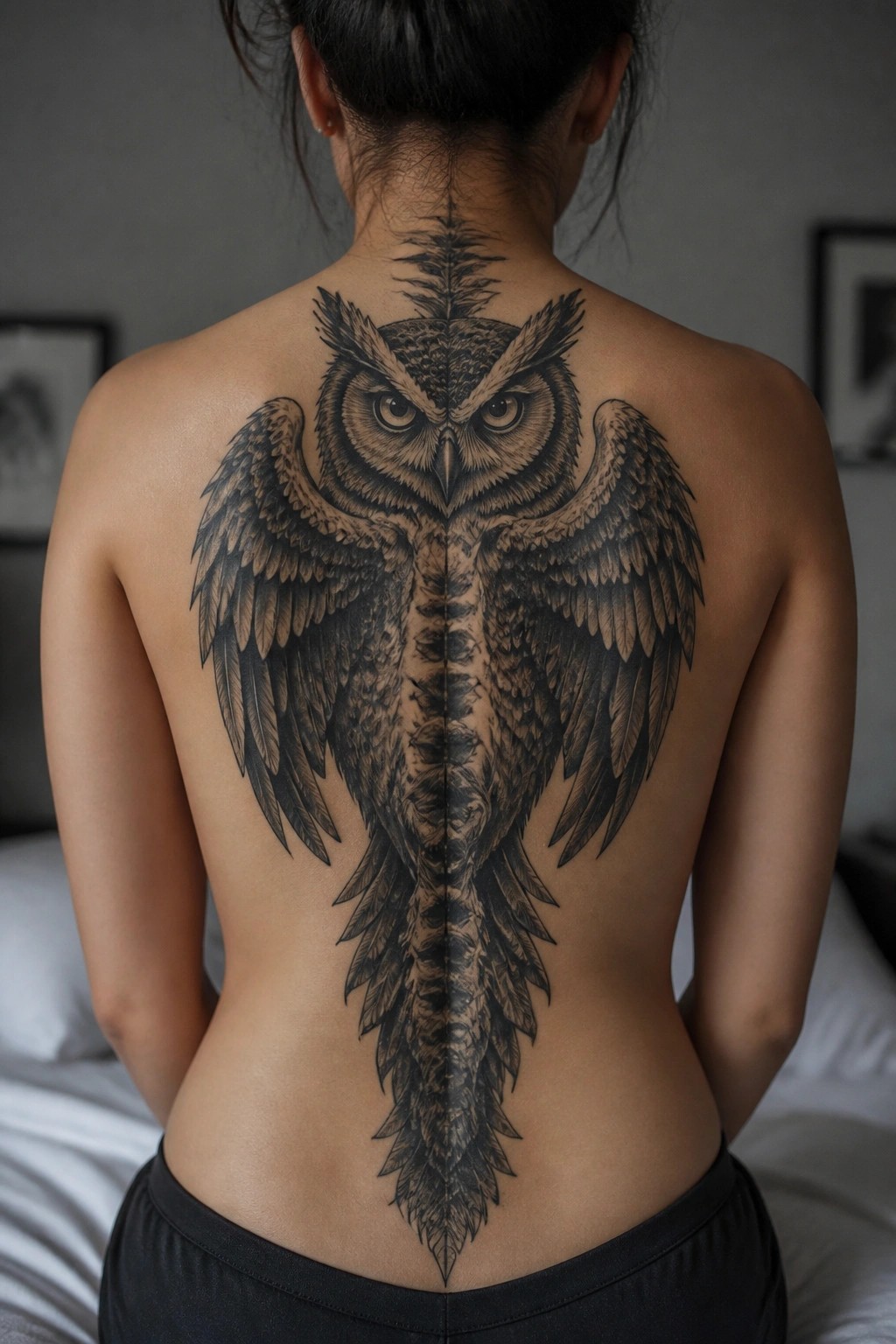 Intricate black owl tattoo spanning a bare back from neck to waist.