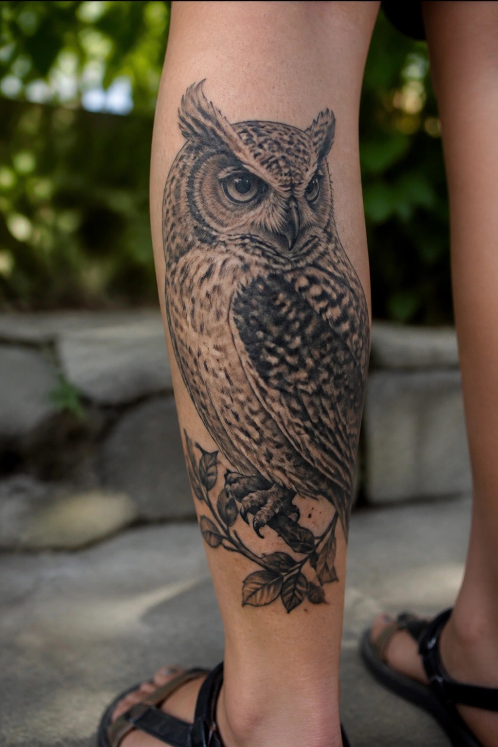 Detailed realistic black-and-gray owl tattoo on lower leg perched on leafy branch