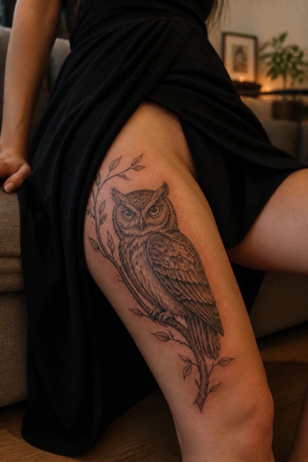 Owl tattoo on thigh beneath black dress in indoor setting.