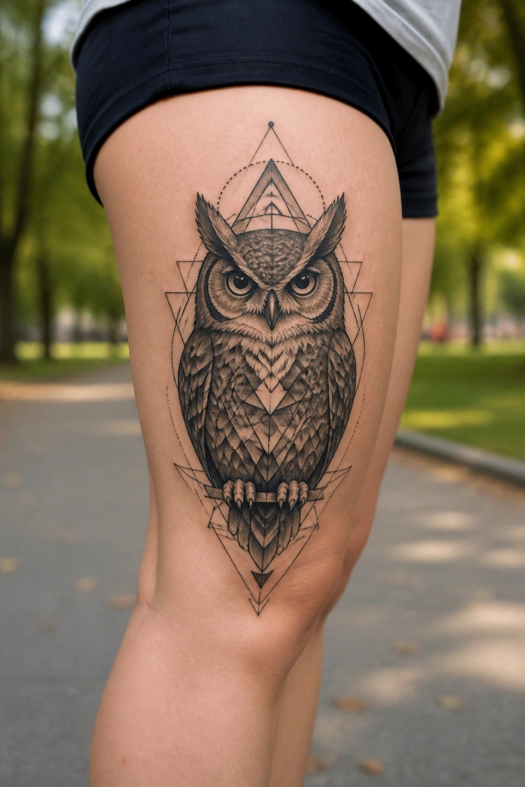 Geometric owl tattoo with triangles on thigh beneath black shorts outdoors