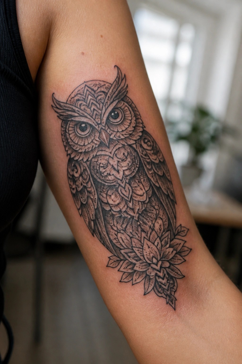 Detailed black owl tattoo with mandala patterns and lotus on upper arm