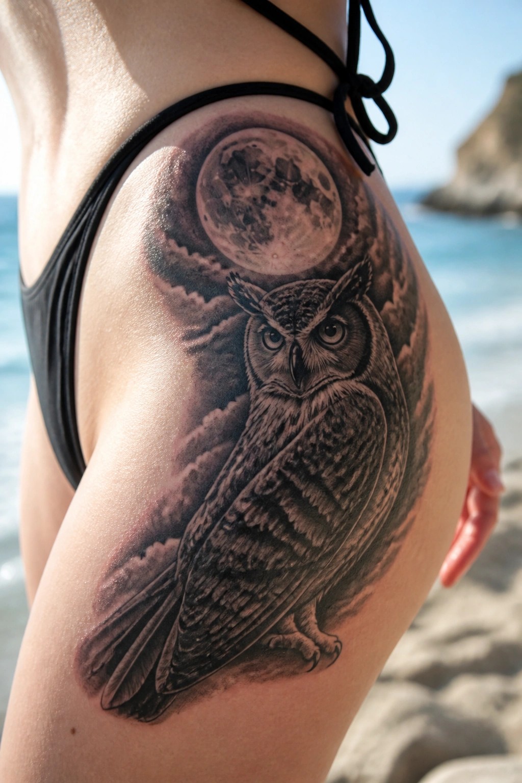 Realistic black-and-gray owl and full moon tattoo on hip at beach