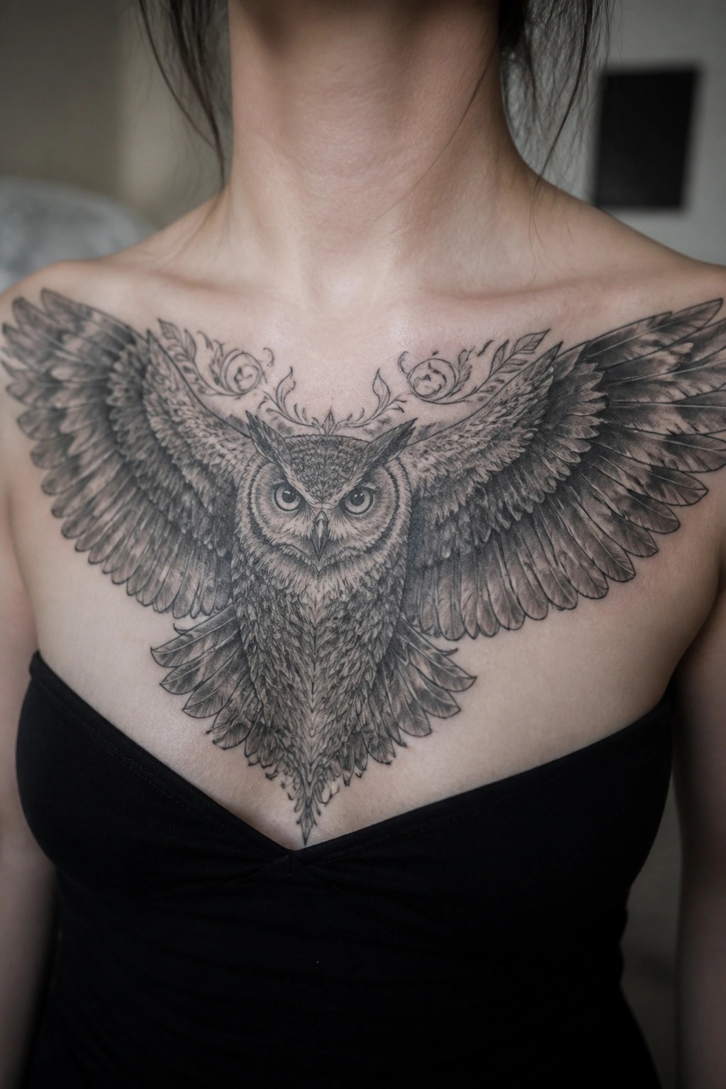 Black and gray owl with outstretched wings tattooed across chest above black top