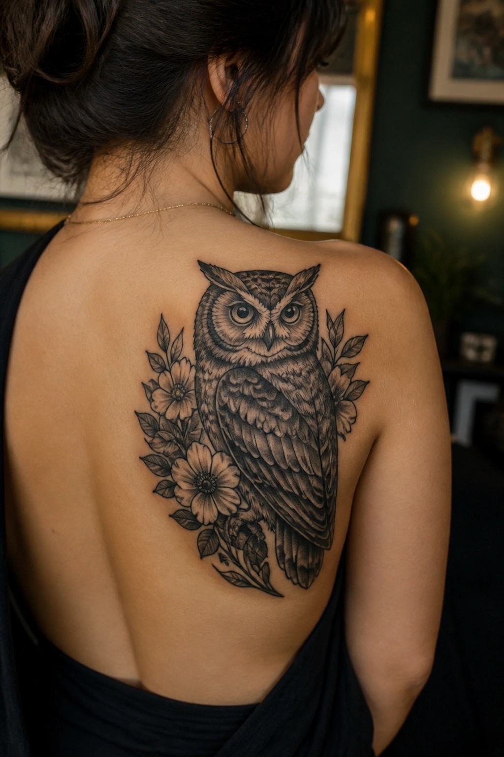 Woman's upper back with black-and-gray owl tattoo amid flowers and leaves