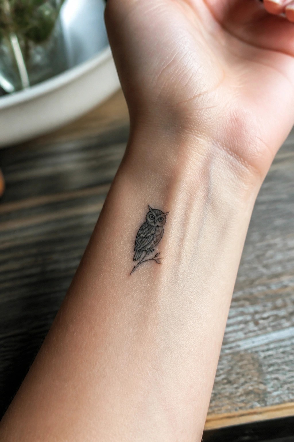 Small black-and-gray owl tattoo on inner wrist of raised hand