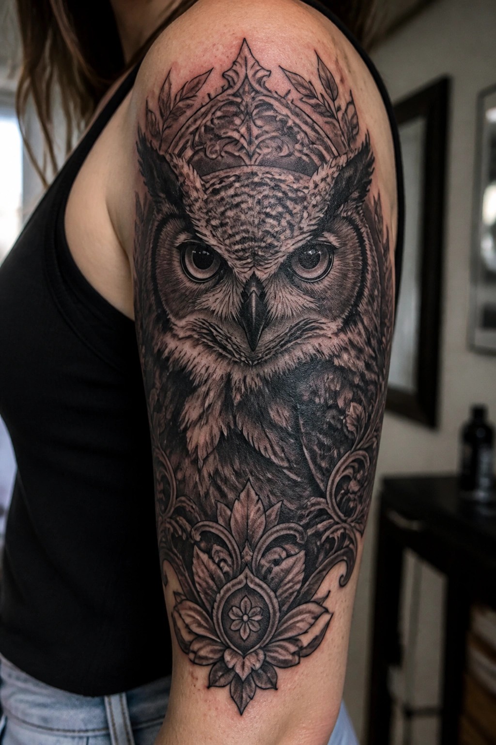 Black and grey owl tattoo on a woman's upper arm with ornate floral and mandala details above and below the bird.