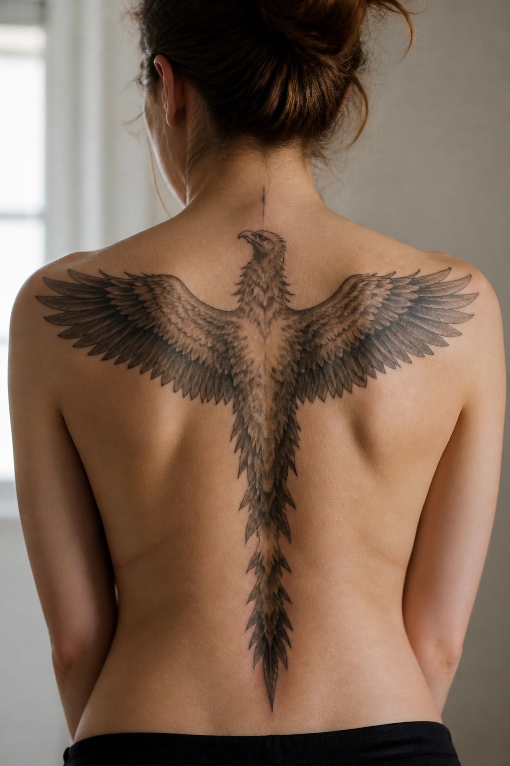 Woman's bare back with large detailed bird tattoo spanning shoulders to lower spine.