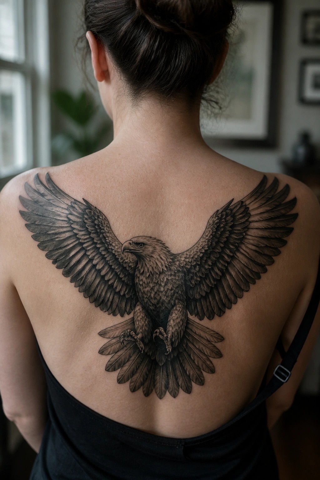 Woman's back in black top with large spread-wing eagle tattoo.