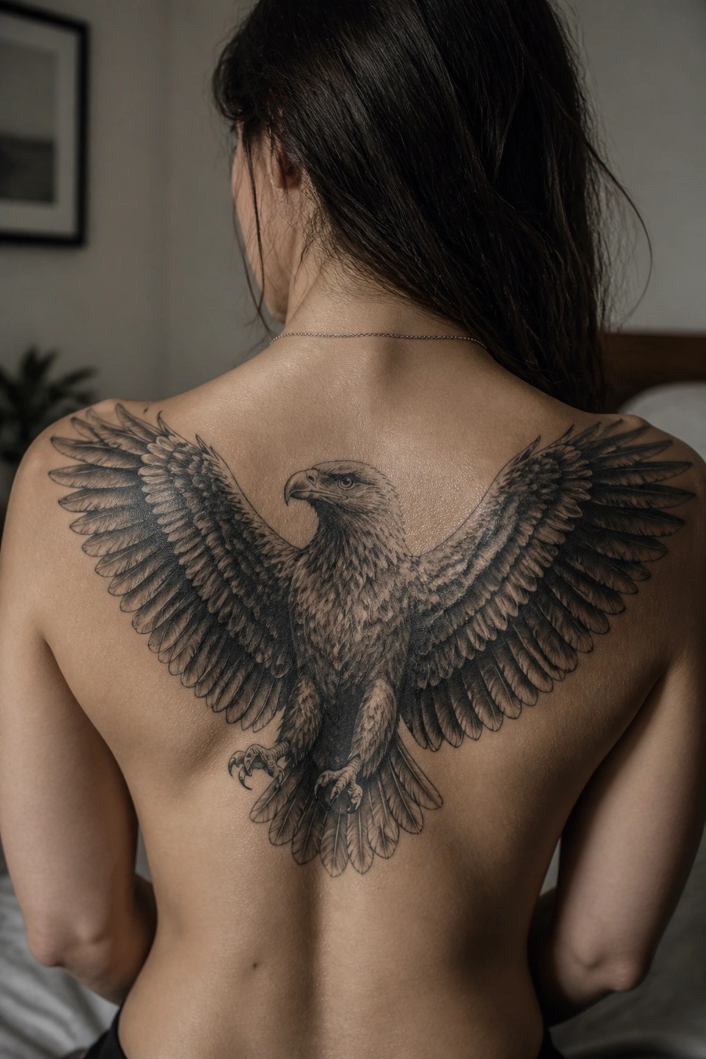 Woman's bare back with large detailed black eagle tattoo and spread wings